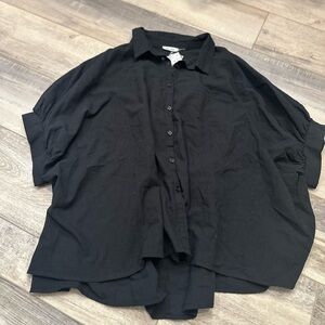 Black puff sleeve button down top